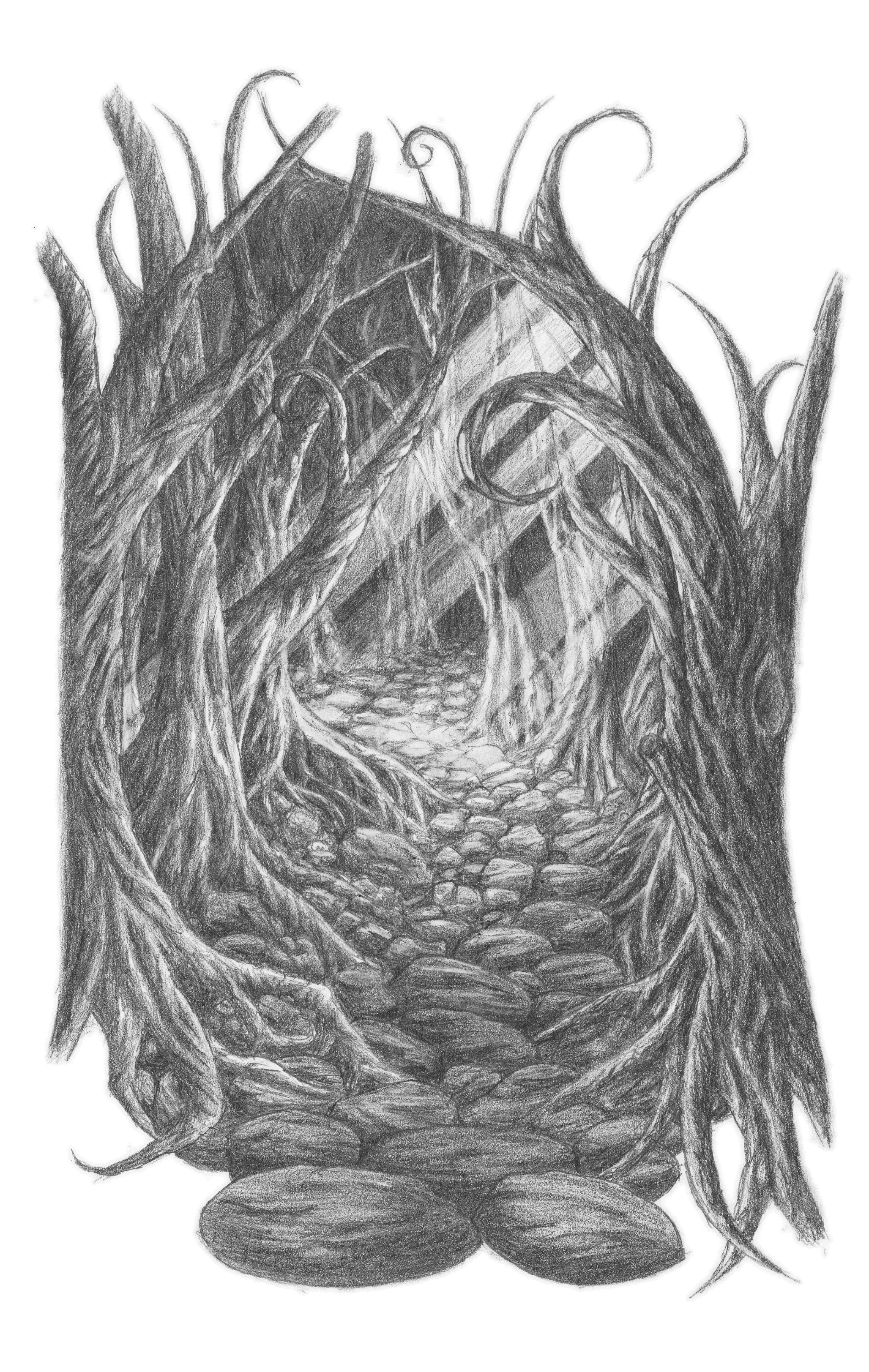 A pencil drawing of a pathway in the woods with sunrays.